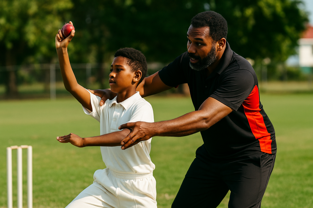Cricket coach correcting wrist and spine alignment during bowling