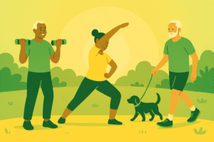 Longevity Training Guide – older adults lifting light dumbbells, stretching and walking a dog under sunny EvoFitLab green-yellow palette.