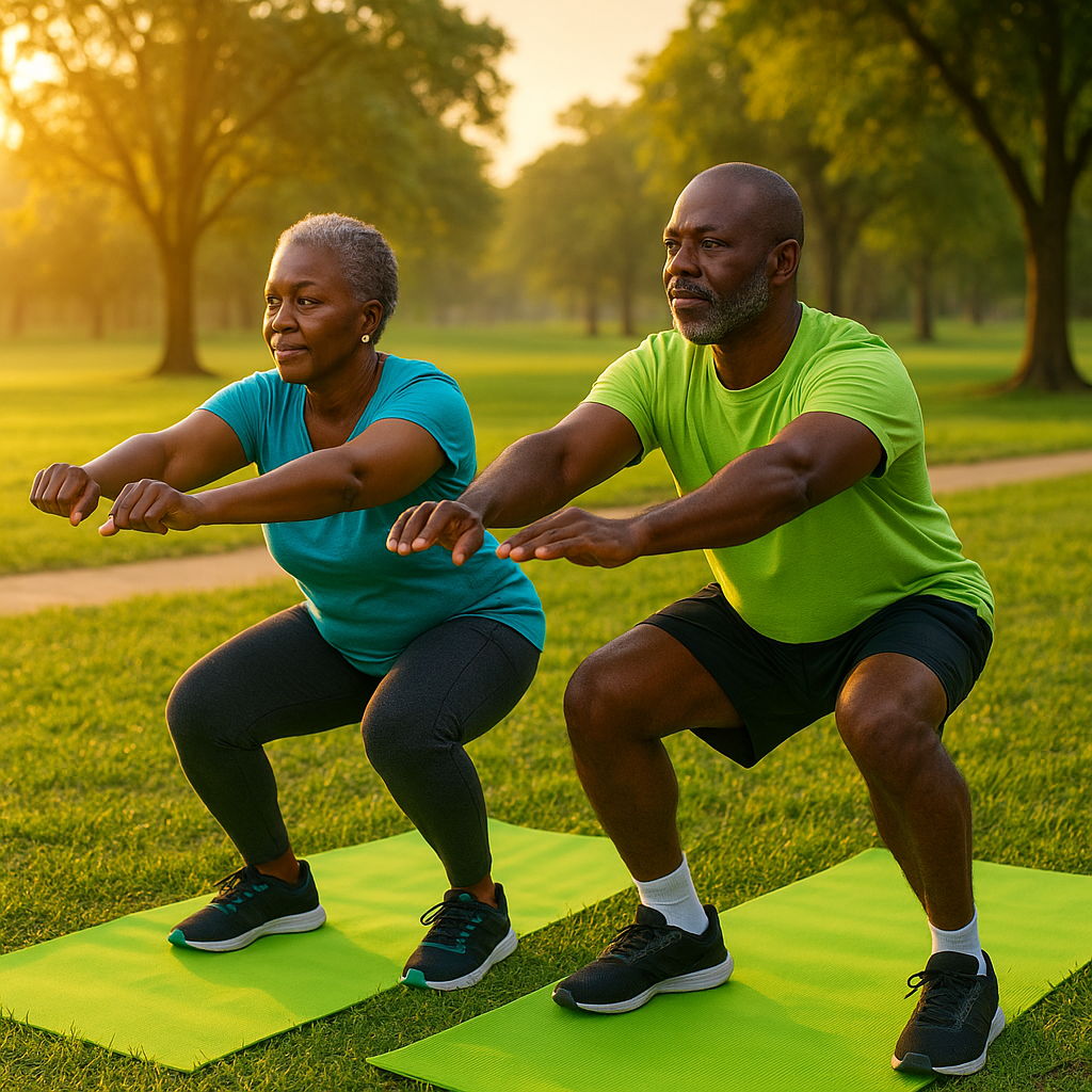 Longevity Training Guide – Black Trinidadian couple performing body-weight squats on bright green EvoFitLab mats at sunrise in the park.