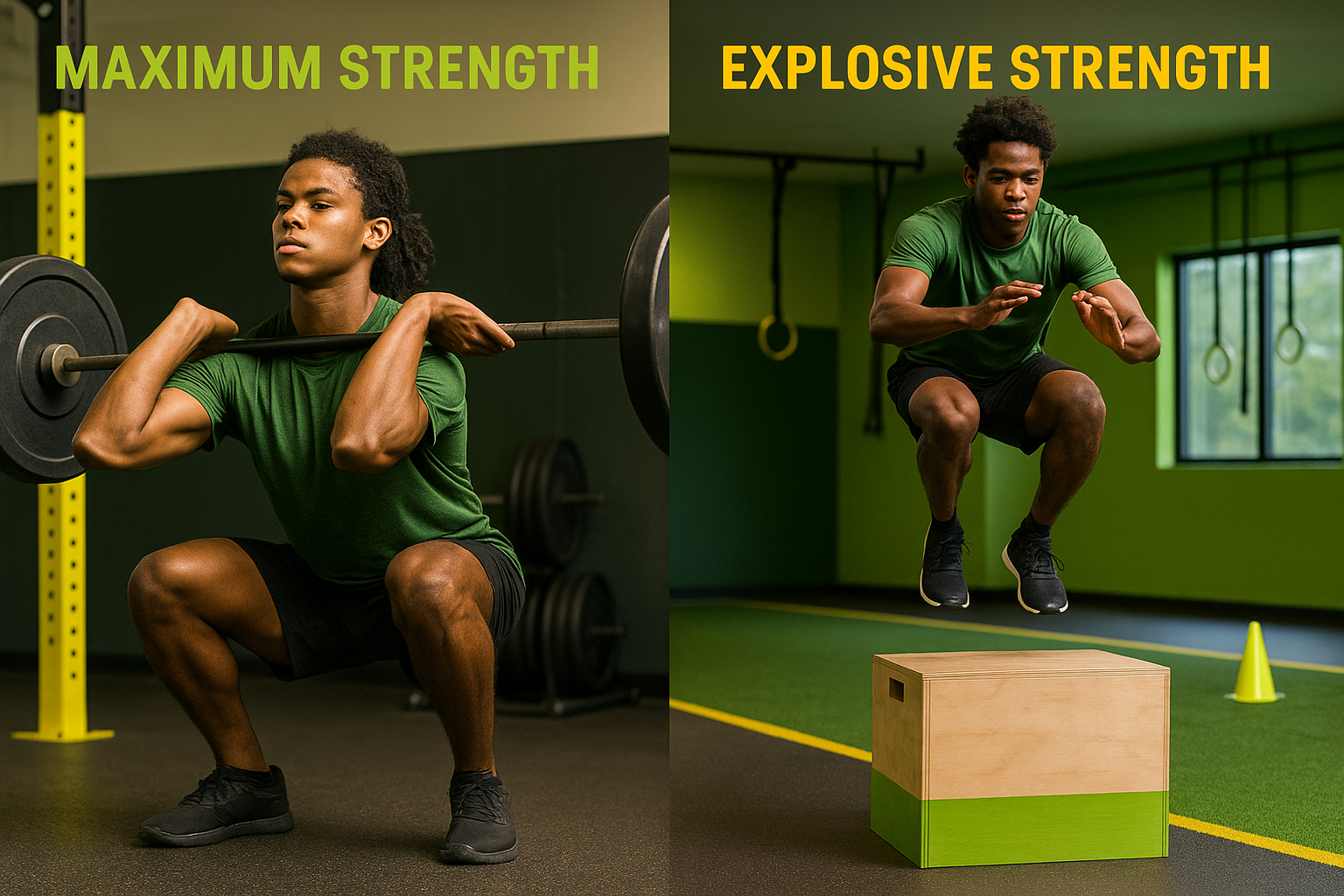 Youth Maximum vs Explosive Strength – illustration contrasting heavy squat and box jump.