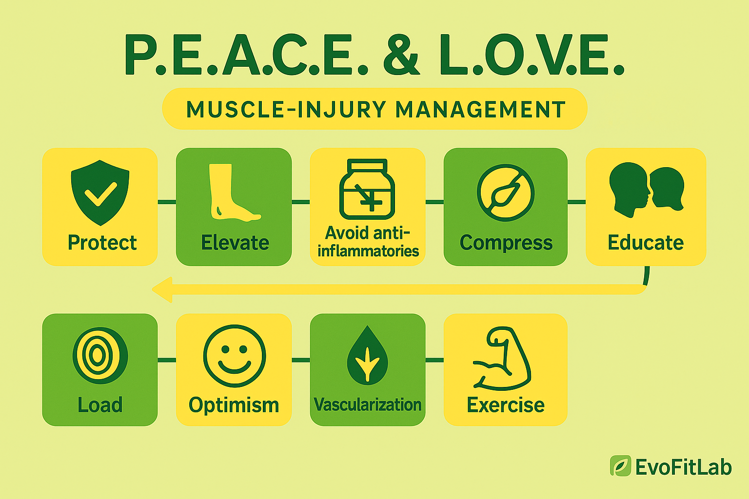 Youth Muscle Injury Guide – PEACE & LOVE recovery flowchart.