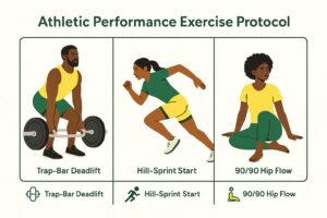 Athletic Performance Exercise Protocol – Trinidadian athletes demo trap-bar deadlift, hill-sprint start and 90/90 hip flow.