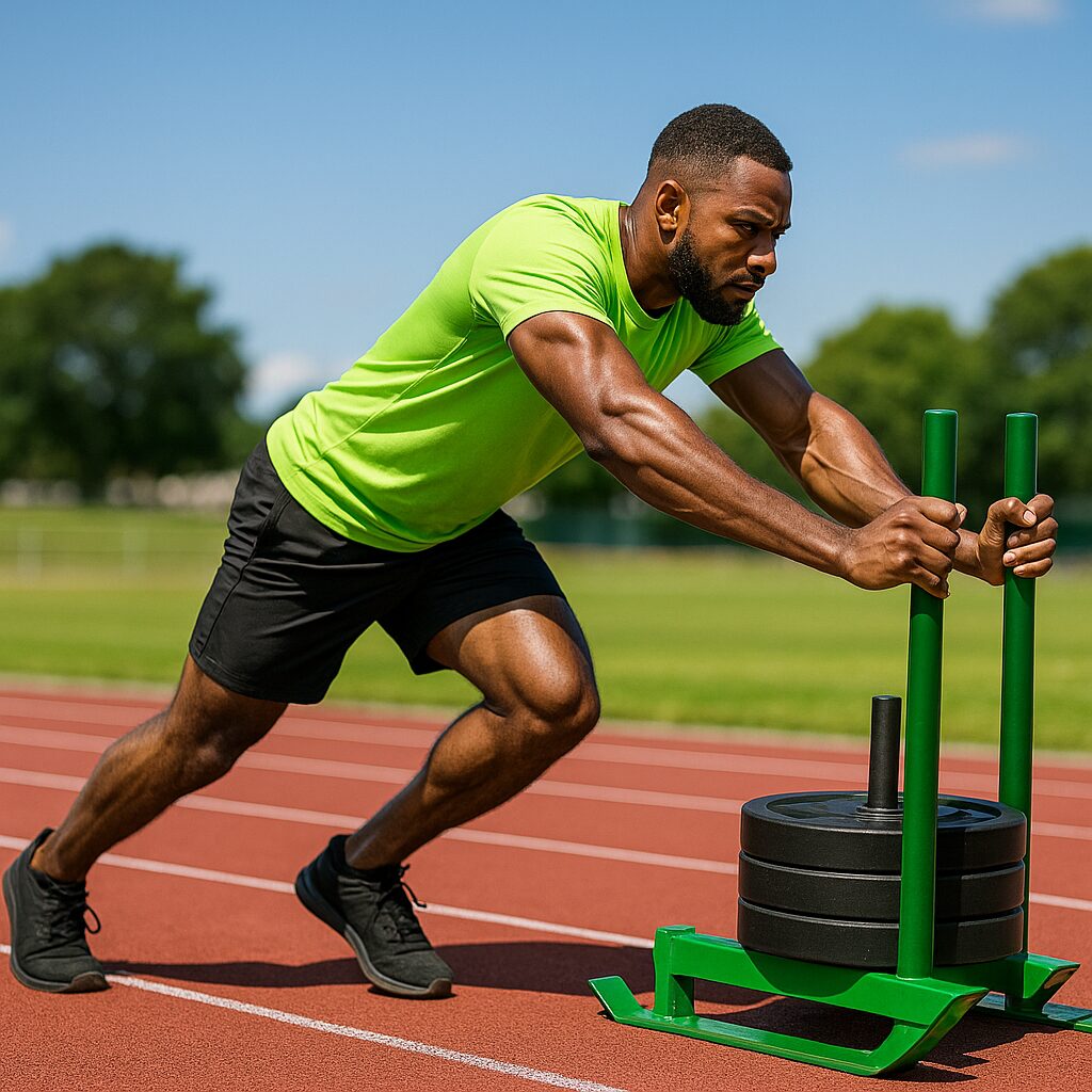 Athletic Performance Exercise Protocol – Trinidadian sprinter drives weighted sled on track.