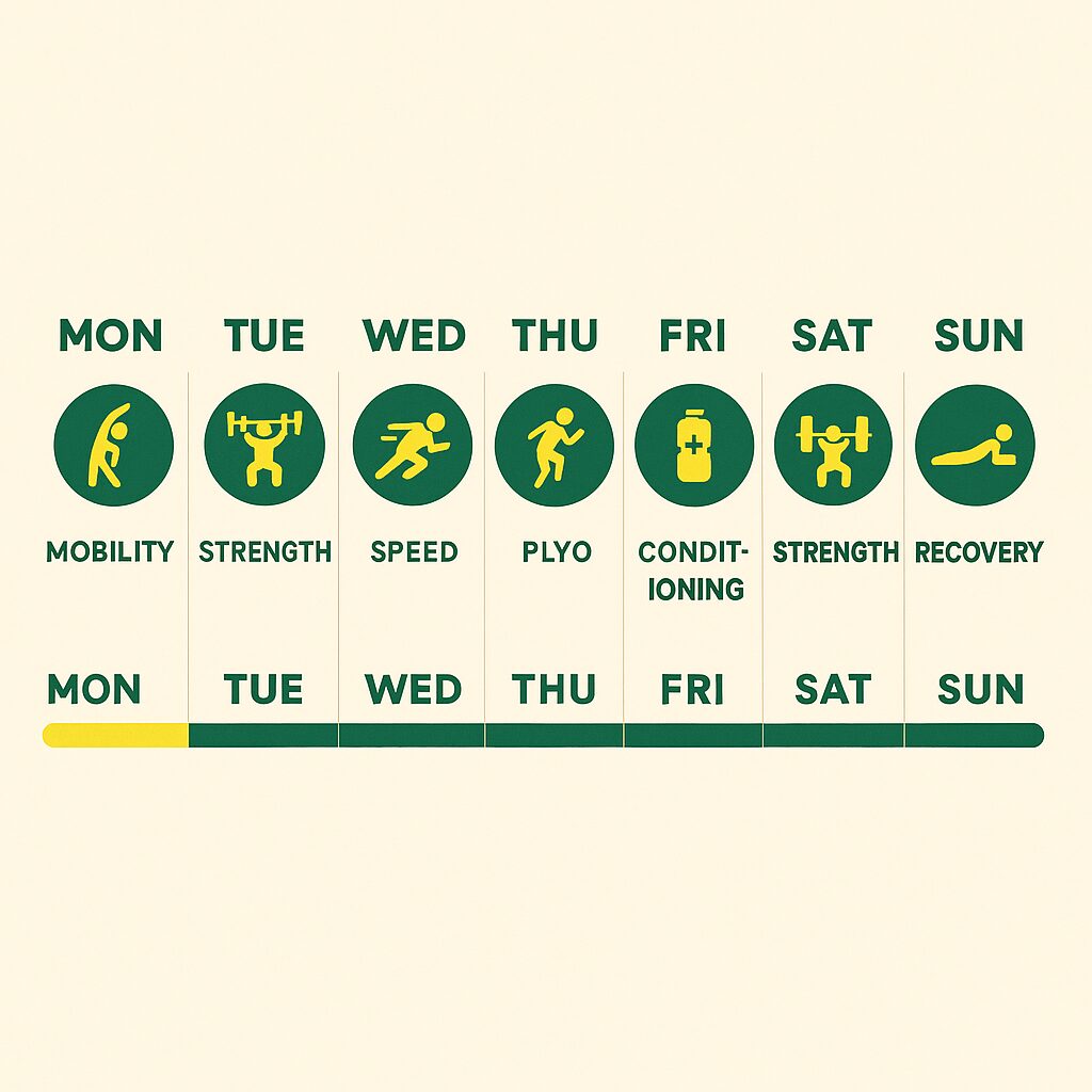 Athletic Performance Exercise Protocol – Mon–Sun weekly training focus timeline infographic.