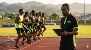 The importance of consistency in sports training demonstrated by Trinidadian athletes on a track.