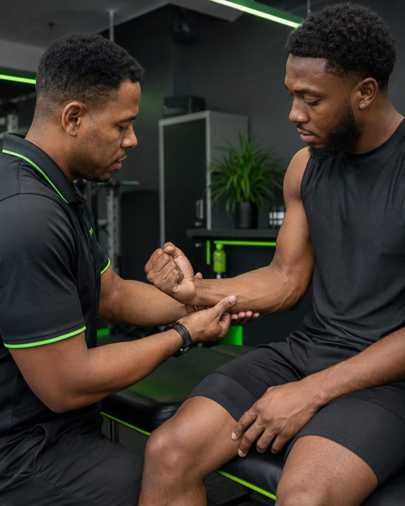Forearm Tendinitis - clinician checks wrist position and grip strength