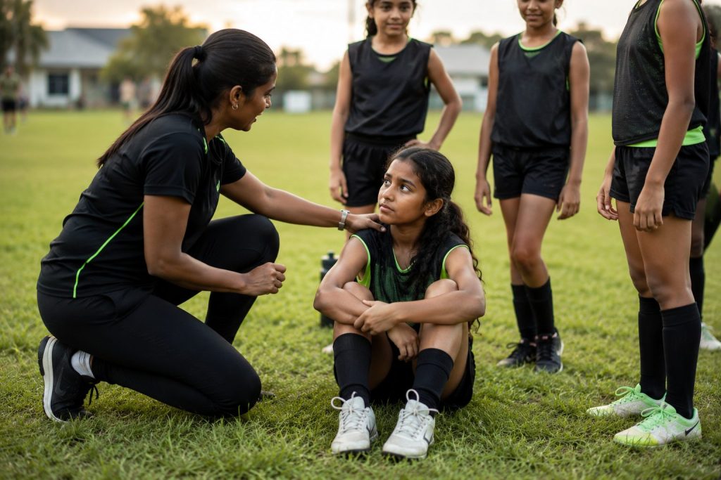 Purpose of Youth Sports: coach helping a young athlete learn from failure